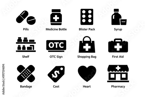 Medical icons: pills, medicine bottle, blister pack, syrup, first aid, pharmacy