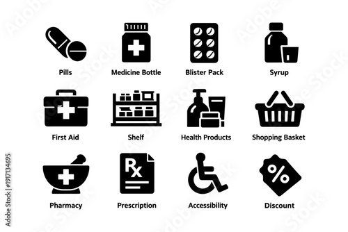 Medical icons: pills, medicine bottle, blister pack, syrup, pharmacy, accessibility