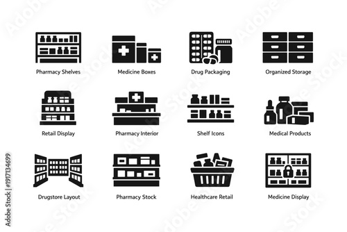Pharmacy shelves and medicine packaging icons for organized retail display
