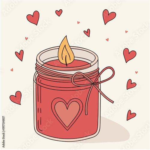 Lit heart-shaped jar candle with floating romantic hearts, Valentine's day love illustration.