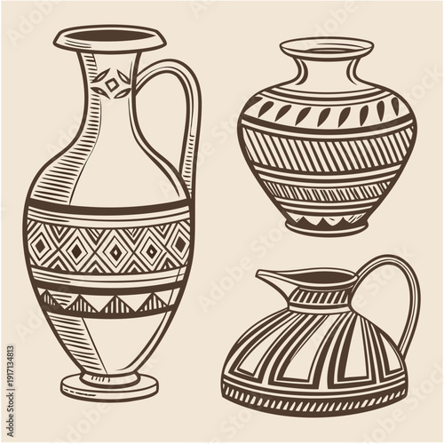 Ancient tribal ceramic pottery vessels with geometric patterns, vintage handcrafted clay artifact illustration.