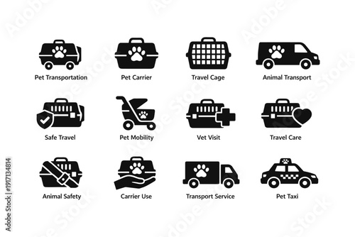 Pet transport icons: carrier, cage, safety, mobility, veterinary care