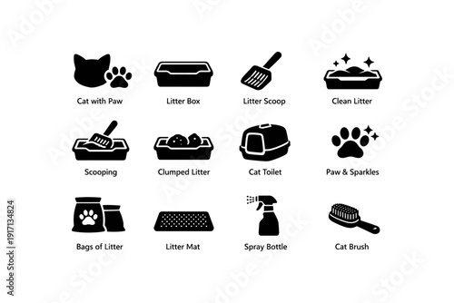 Cat care icons set: litter box, scoop, cleaning tools, cat silhouettes, paw prints