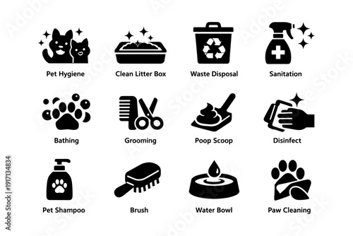 Pet care icons: hygiene, grooming, sanitation, waste management, bathing