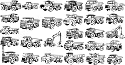 Detailed Line Art Collection of Heavy Construction Vehicles: Dump Trucks, Mining Trucks, and Excavators in Black and White Sketch Style for Industrial and Transportation Designs.
