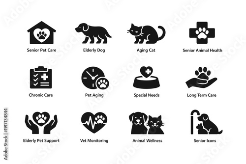 Pet care icons: senior animal health and wellness symbols for aging dogs and cats