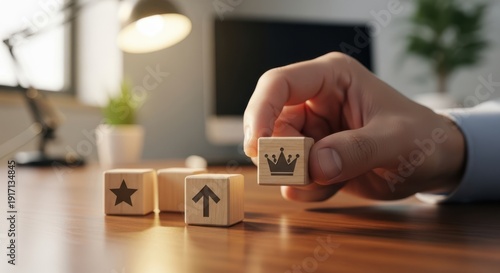 Hand aligning wooden cubes with leadership symbols using shallow focus and tastefully blurred minimal office background.