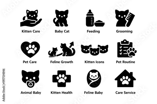 Kitten care icons for feline growth and pet routine