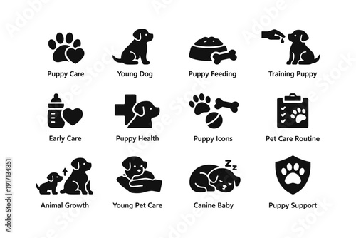 Puppy care and health icons set for feeding, training, and growth