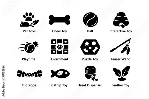 Pet toy icons: chew, ball, puzzle, tug, catnip, feather, interactive