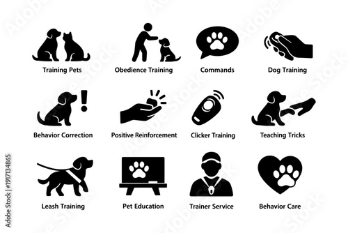 Dog training icons: obedience, behavior correction, positive reinforcement, pet education