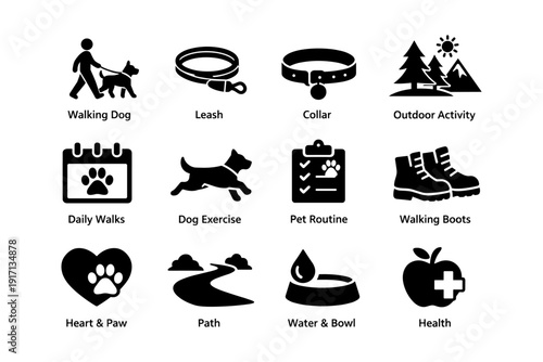 Dog walking essentials: leash, collar, exercise, and health icons