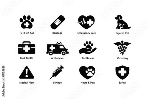 Pet first aid icons: emergency care, veterinary, safety, injured pet, medical alert