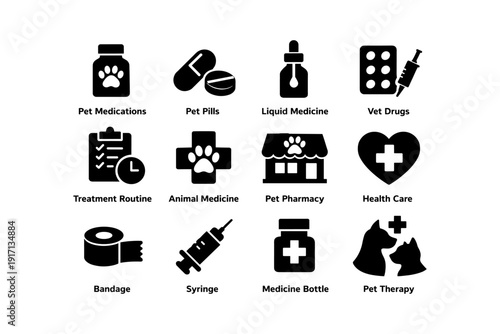 Pet medications and healthcare: pills, liquid medicine, vet drugs, and pharmacy icons