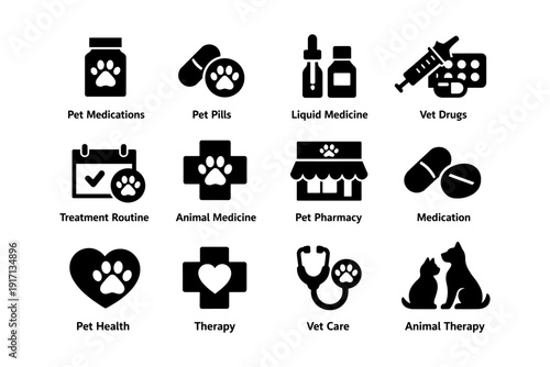 Pet health and medication icons: pills, pharmacy, vet care, therapy