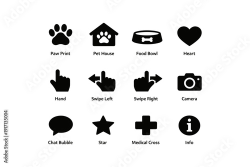 Pet icons and interface symbols set with paw print, heart, camera, and more