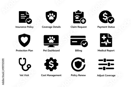 Pet insurance icons: policy, claims, payment, vet visit, coverage