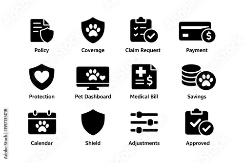 Pet insurance icons: policy, coverage, claim, payment, medical bill, protection