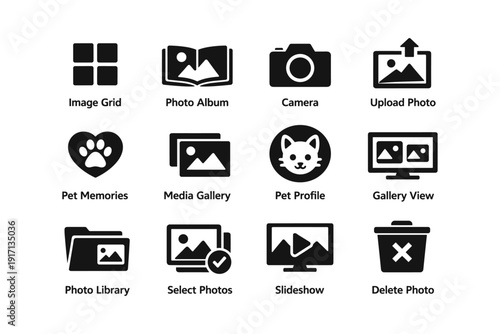 Image icons collection: camera, photo album, pet profile, slideshow, delete photo