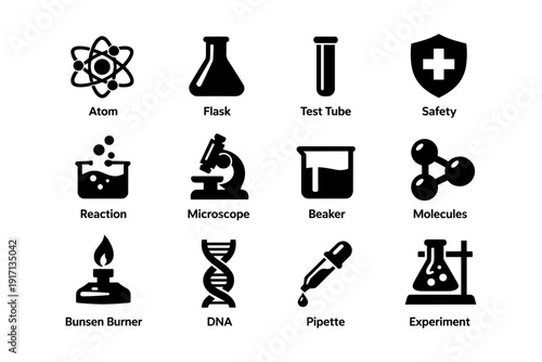 Science icons set: atom, flask, test tube, safety, reaction, microscope, beaker, molecules, bunsen burner, dna, pipette, experiment
