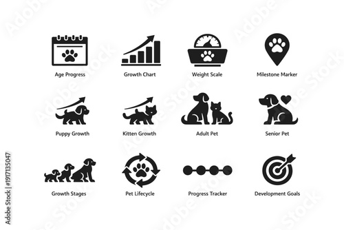 Pet development icons: growth, progress, weight, lifecycles, and milestones
