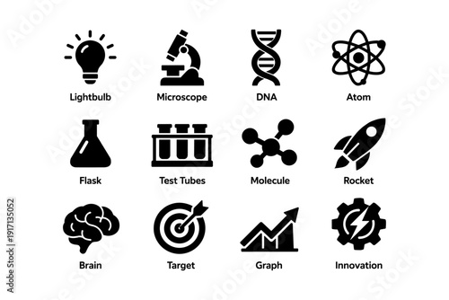 Science and innovation icons: lightbulb, microscope, dna, atom, rocket, graph