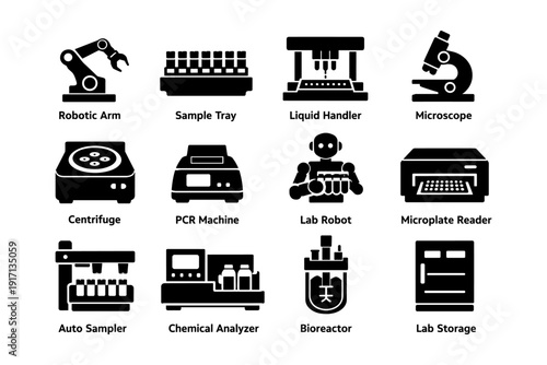 Laboratory equipment icons: robotic arm, microscope, centrifuge, pcr machine, bioreactor