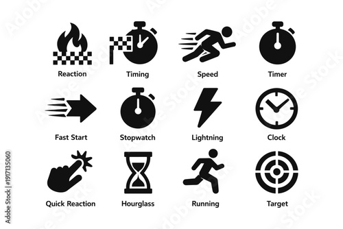 Illustration of timing, speed, and reaction icons with clocks and symbols