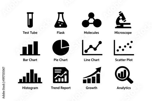 Laboratory equipment and data analysis icons: test tube, microscope, chart graphs