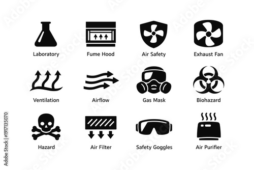 Safety equipment and symbols for laboratory airflow and hazard protection