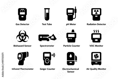 Scientific instruments icons: gas detector, ph meter, radiation detector