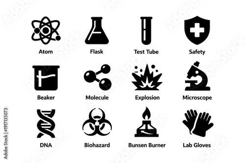Science icons: atom, flask, test tube, beaker, molecule, microscope, dna, biohazard, lab gloves