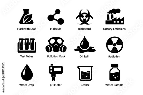 Environmental science icons: biohazard, water sample, factory emissions, pollution mask, radiation