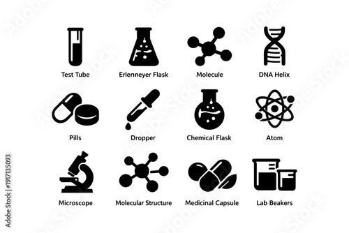 Science icons: test tube, dna helix, molecule, atom, microscope