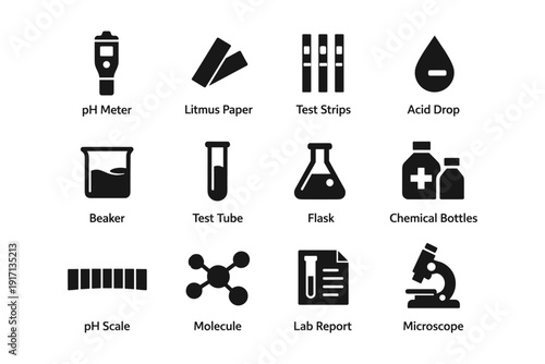 Scientific lab equipment icons: ph meter, litmus paper, beaker, microscope