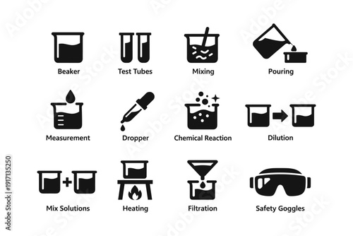 Science lab icons: beaker, test tubes, mixing, safety goggles, filtration