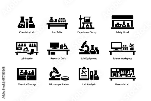 Black icon set of chemistry lab equipment and workstations