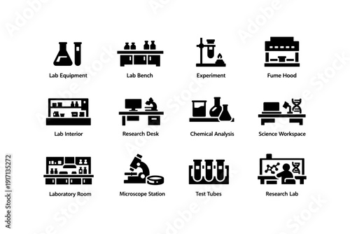 Laboratory equipment and setup: icons of research and science tools