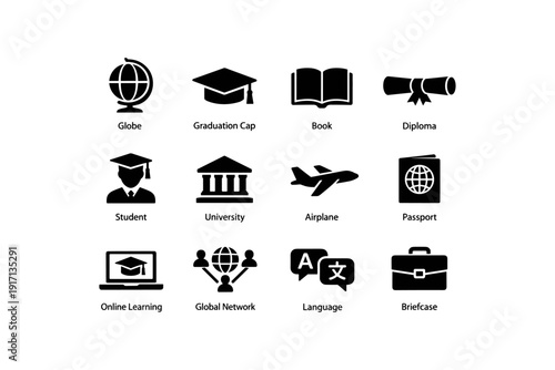 Educational and travel icons: globe, graduation cap, book, diploma, airplane