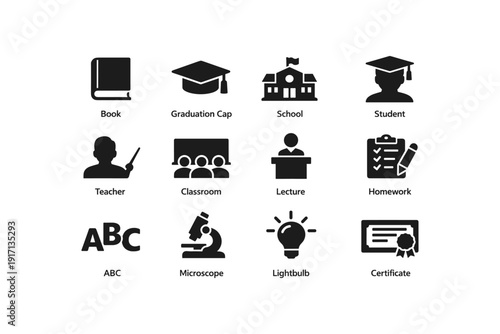 Education icon set: book, graduation cap, school, student, teacher, classroom, lecture