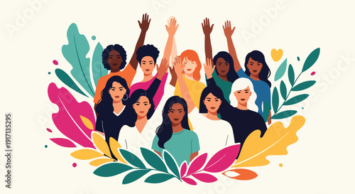 International Women’s Day vector poster of diverse women raising hands together celebrating solidarity, inclusion, empowerment, equality, and global female support community