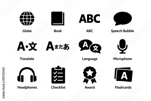 Language learning icons: translation, abc, microphone, globe, speech bubble