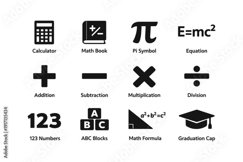 Mathematics icons: symbols of education and arithmetic concepts