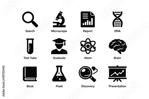 Science and education icons: microscopes, dna, test tubes, and grad caps