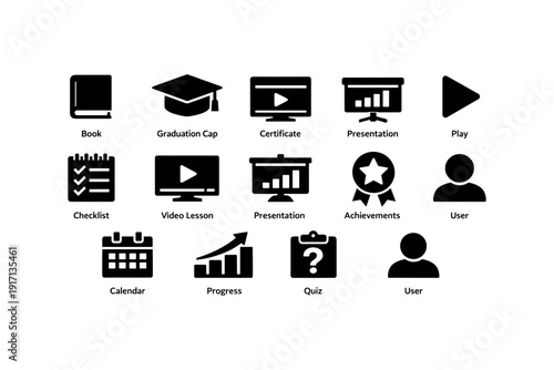 Education icons: book, graduation cap, certificate, presentation, play button
