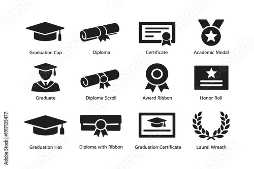 Graduation icons: cap, diploma, certificate, medal, laurel wreath