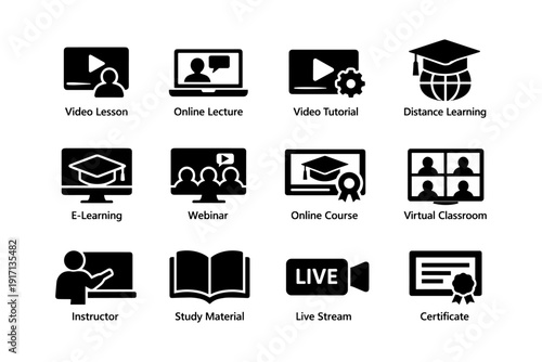 Icons representing online education and digital learning methods