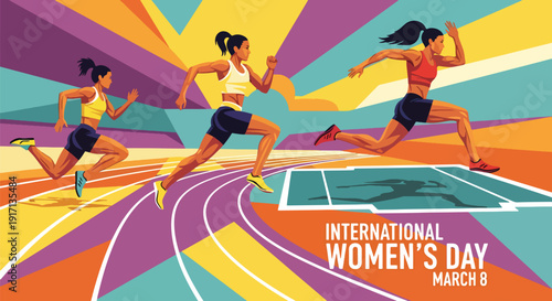 International Women’s Day poster showing women athletes running and celebrating strength, resilience, confidence, empowerment, and active healthy lifestyle achievements