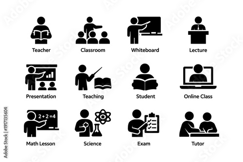Educational icons: teacher, classroom, whiteboard, lecture, presentation, science