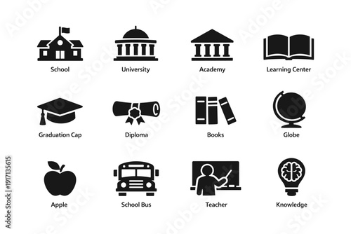 Educational icons set: school, university, academy, learning tools and symbols